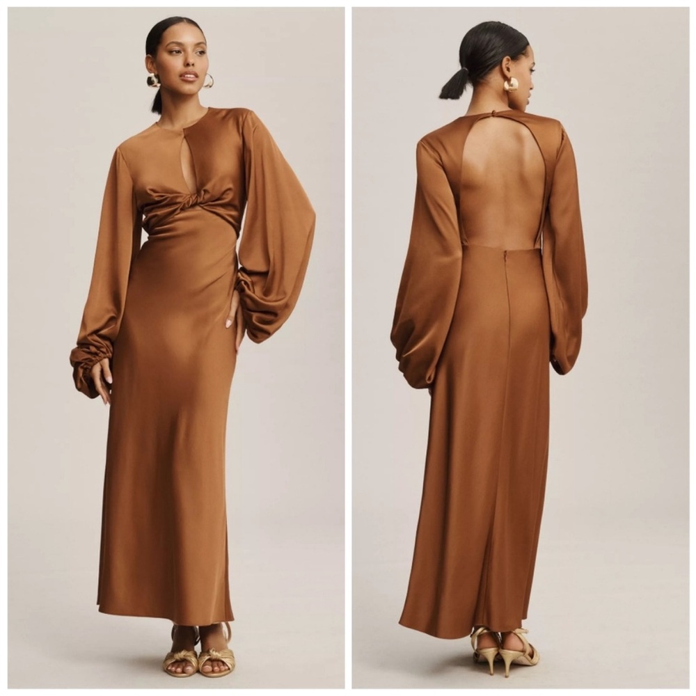 Significant Other Caramel Demi Backless Long-Sleeve Column Gown